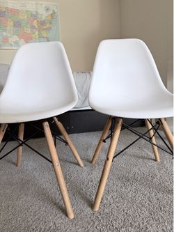 Set of 2 Mid-Century Modern White Dining Chairs – Wood Legs – Eames Style- the price is for each chair