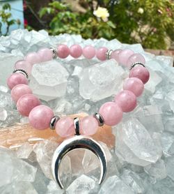 Kunzite and rose quartz gemstone bracelet with silver spacers and crescent moon
