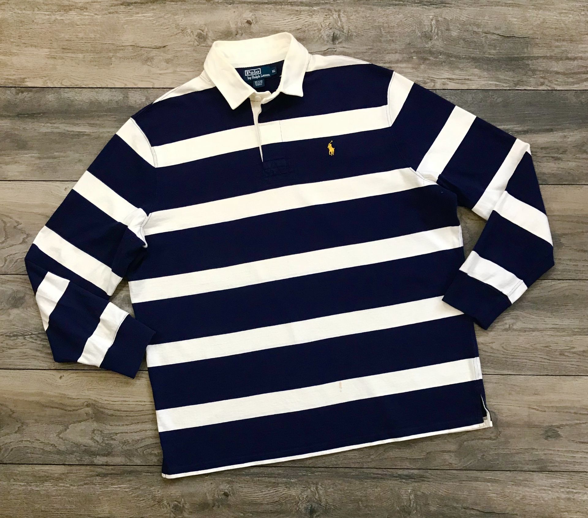 VINTAGE POLO RALPH LAUREN RUGBY LONG SLEEVE SHIRT XL BLUE STRIPED BIG PONY PRL