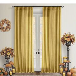 Mustard Yellow 90 Inch Linen Curtains Pinch Pleated For Living Room Bedroom Dining Boho Light Filtering Pinch Pleat Drapes Hooks Rings Back Tab Semi S