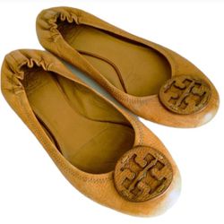 Tory Burch Brown Leather Ballet Flats.