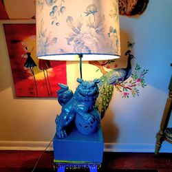 Vintage Oriental Ceramic Foo Lion Dog Lamp Statue Table Floor Lamp 18" Tall