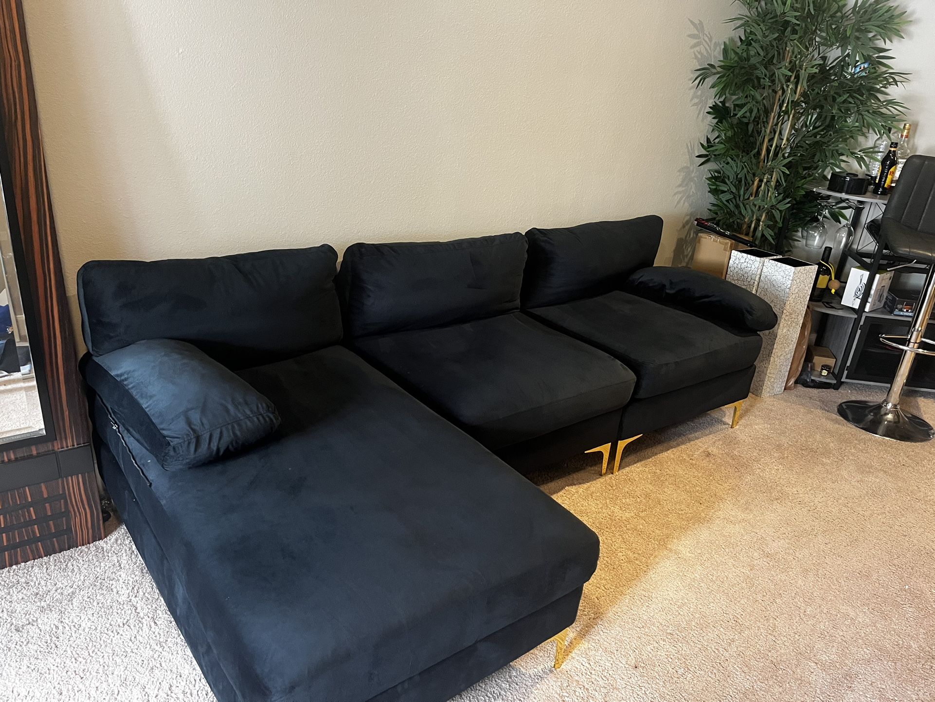 Velvet, Black L Shape Sectional Sofa