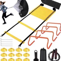 Agility Ladder Speed Training Equipment Set-20ft Agility Ladder,12 Soccer Cones,4 Hurdles, Jump Rope, Running Parachute| Basketball Football Soccer Tr