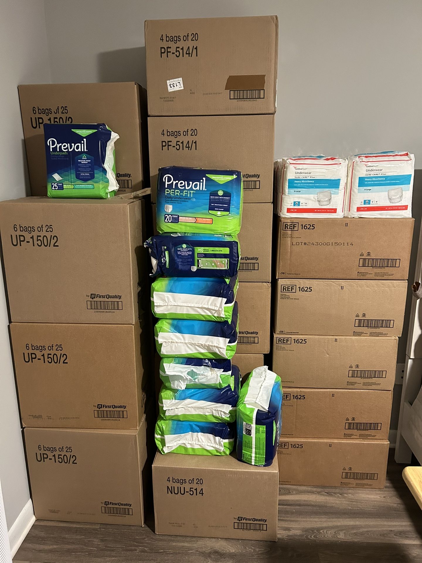 White Daily Underwear X-Large/ $32Per Case. And Under /Pads 23 X36 Inches $25 Per case = 150 Pads .