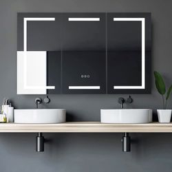 60”W x 36”H Medicine Cabinets for Bathroom with Mirror, Surface Mounted LED Medicine Cabinets Organizer with Defogger, Dimmer, Outlets & USB, Three Do