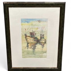 Framed 1960s Water Color Boat Scene Framed 14 3/4” x 19 3/8”