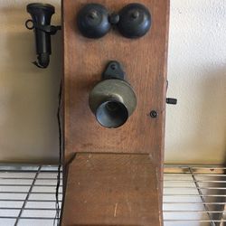 ANTIQUE TELEPHONE  ANTIQUE WALL MOUNT TELEPHONE  19” TALL 8” WIDE 9” DEEP SOLID OAK LOCATION HENDERSON 89015 CASH ONLY  LOW BALLERS IGNORED