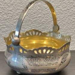 Antique Armenian Silver Basket Niello GOLD washed 875  sterling silver 