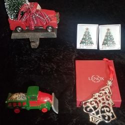 Stocking Holder, Lenox Ornament, Dept 56 Tractor  And 2 Pillar Candle Pins