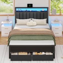 Furnulem Full Size Bed Frame with Charging Station and LED Lights, Grey Upholstered Headboard with Shelves, Metal Platform Bed with 2 Under-Bed Storag