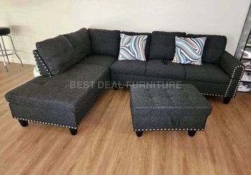 Gray sectional couch with ottoman