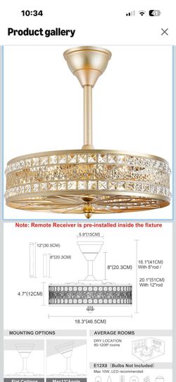 Brand New Elegant Caged bladeless Chandelier Fan w/Light,Gold Crystal Design