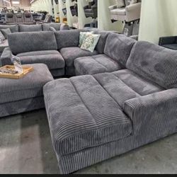 New 5 Piece Corduroy Sectional.  Grey Or Beige.  90x127x66.  Free Delivery!
