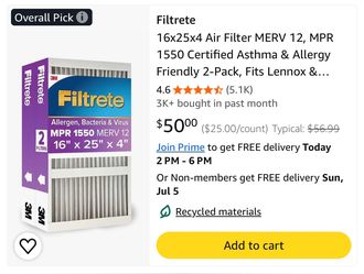 Filtrete Air Filter 4”, MPR 1550 MERV 12, High Performance 16X25X4 - 2 Pack