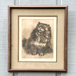 Antique Framed Authentic Cortest Proof Original Etching Artwork Smokey Cat By Artist Linda Lloyd ‘75