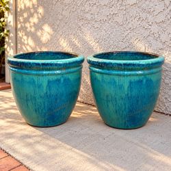 Pair of Large Turquoise Blue Glazed Ceramic Planters – 21" × 17"