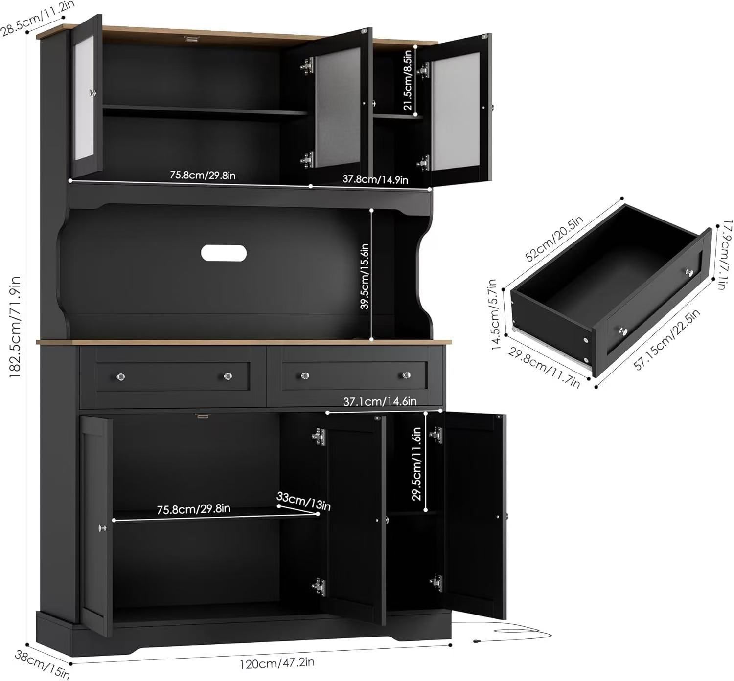 🥨71.9" Kitchen Pantry Cabinet, Tall Storage Cabinet, Kitchen Hutch with Countertop and Outlets, Farmhouse Tall Pantry Storage with Doors and Shelves,