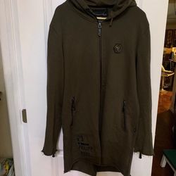 Philipp Plein Sport Lion Logo Longline Zip Distressed Hoodie Olive Green 3XL