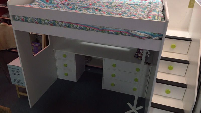 Full size loft bed and desk and steps