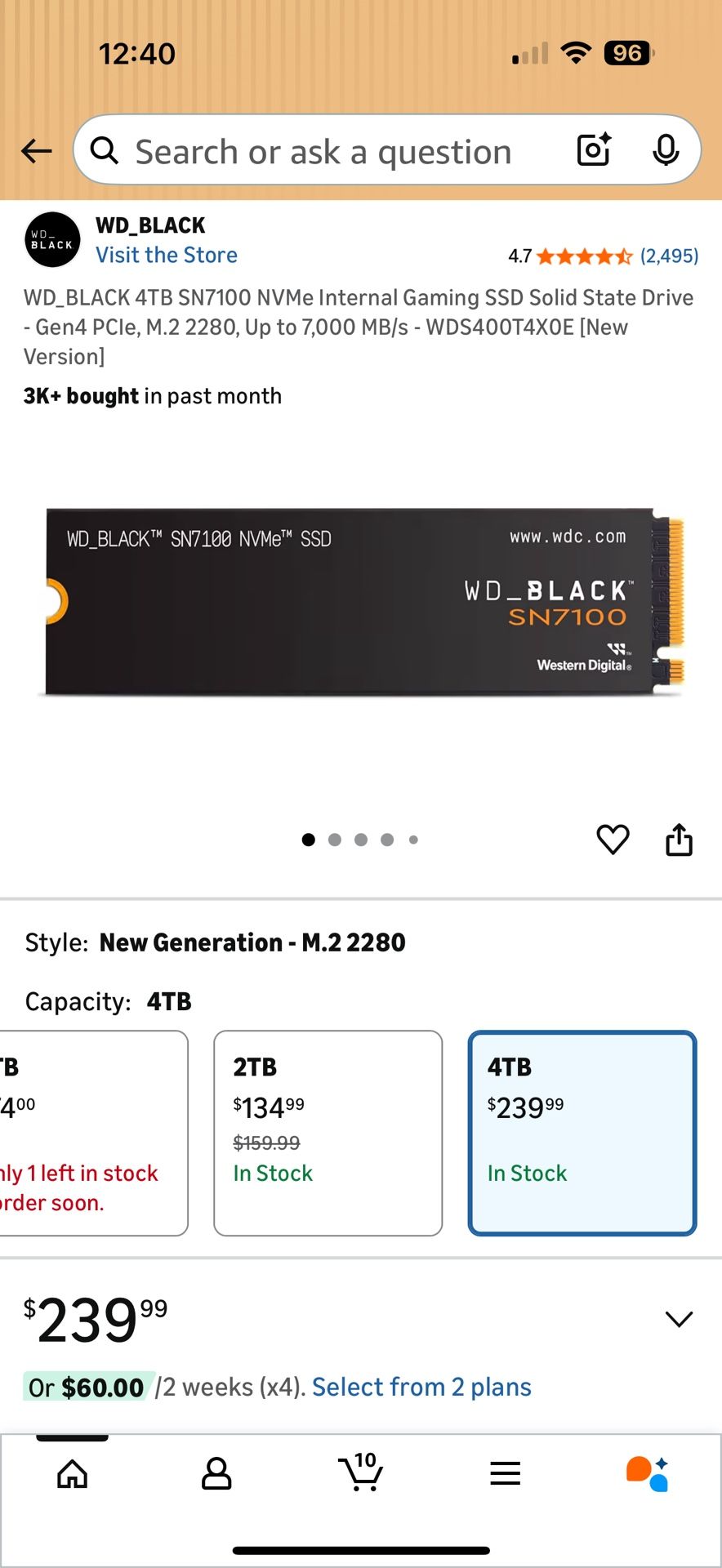 WD_BLACK 4TB SN7100 NVMe Internal Gaming SSD Solid State Drive - Gen4 PCIe, M.2 2280, Up to 7,000 MB/s - WDS400T4X0E [New Version]
