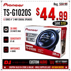 Pioneer TS-G1020S G Series Car Speakers 4" 2-Way Coaxial Speaker System 210 Watts 🚨 Payment Options Available 🚨 No Credit Needed 🚨