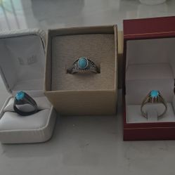 3 Silver Rings With Genuine Persian Turquoise Each For