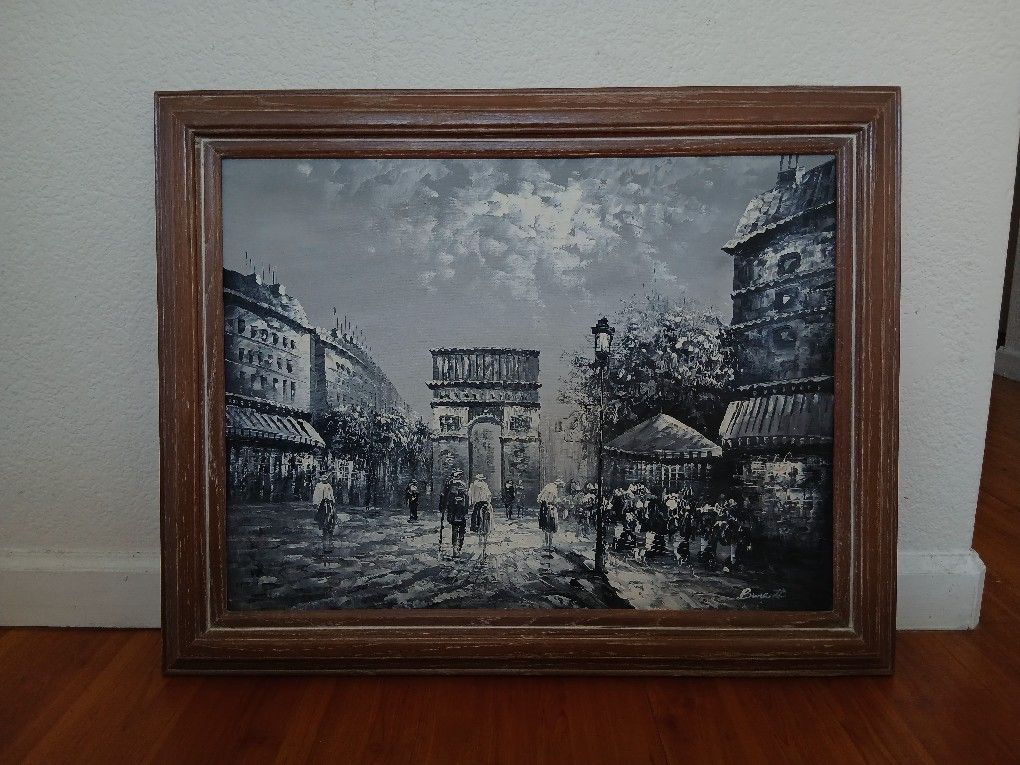 Framed Black & White City Street Painting - Signed