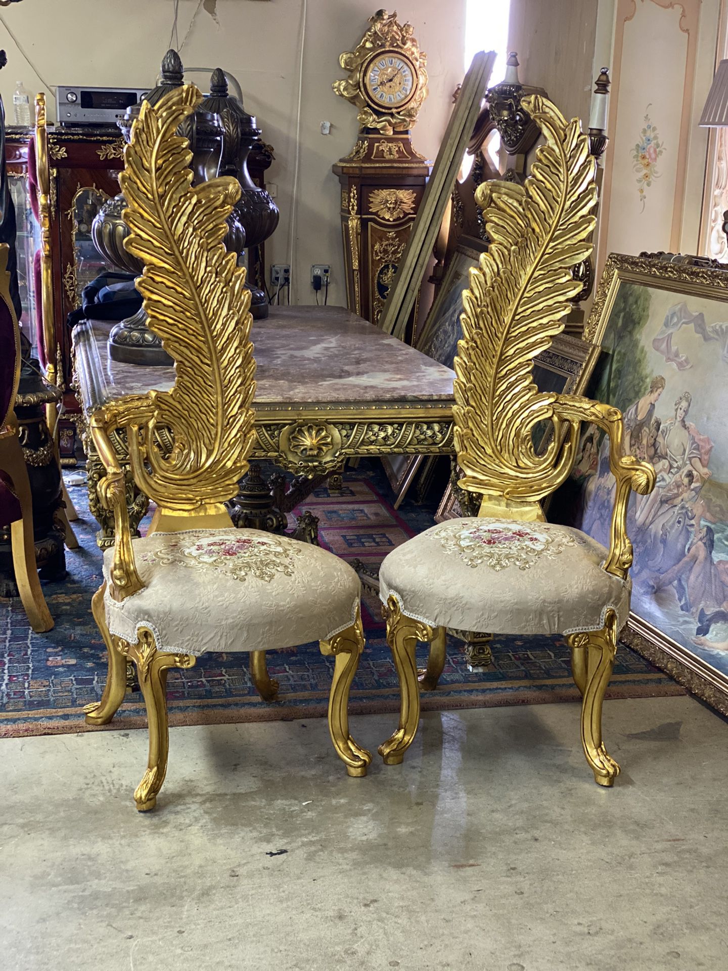 Pair Gold throne chair high back reproduction 65” tall