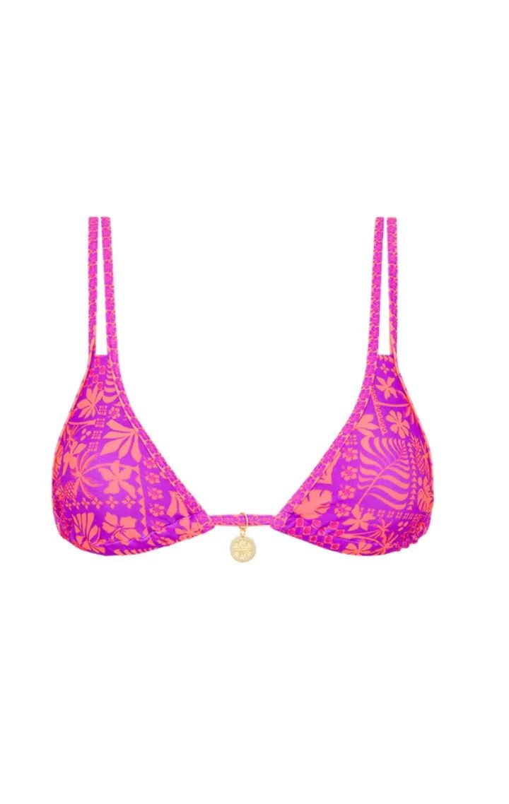 KULANI KINI TWIN STRAP BRALETTE BIKINI TOP LA ISLA Hibiscus palm leaf pink Med