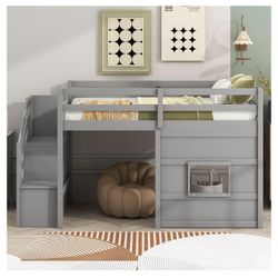 Harper & Bright Designs Low Loft Bed Frame with Stairs, Twin Wooden Loft Bed Frame for Kids with Storage, Gray