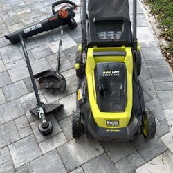 lawn equipment: RYOBI weed wackier and edger attachment blower and mower 