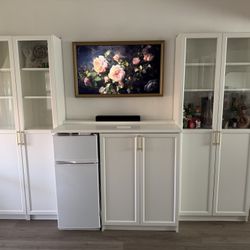 Custom Built-In Entertainment Center / Bar Cabinet w/ Samsung Frame TV w/ soundbar + Fridge