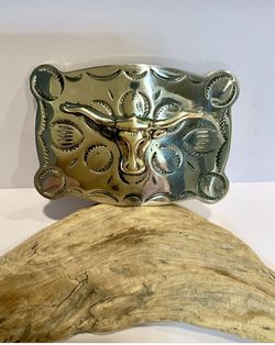 Vintage Justin Belt Co Nickel Silver Longhorn Steer Western Cowboy Belt Buckle
