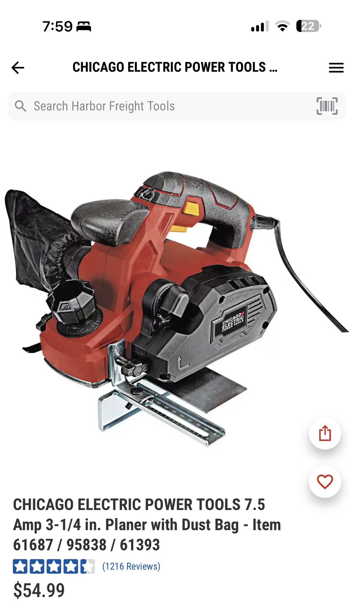 CHICAGO ELECTRIC POWER TOOLS 7.5 Amp 3-1/4 in. Planer with Dust Bag