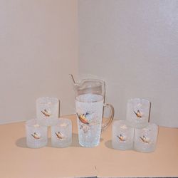 SET OF 6  VINTAGE FROSTED GLASSES AND A 9" PITCHER 