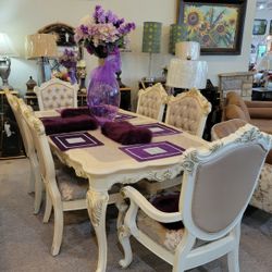 Rose Gold PU & Pearl White Finish Table and 6 Chairs