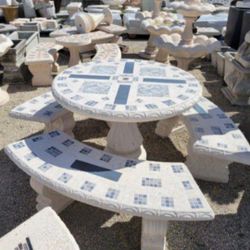 Concrete Stone Mosaic Picnic Table with 3 Benches/ Outdoor Patio Furniture