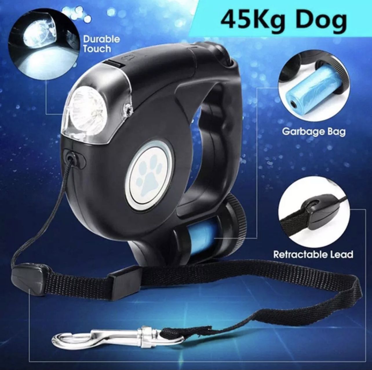 Brand New Retractable Dog Leash With Build In Dispenser And LED Light Waterproof