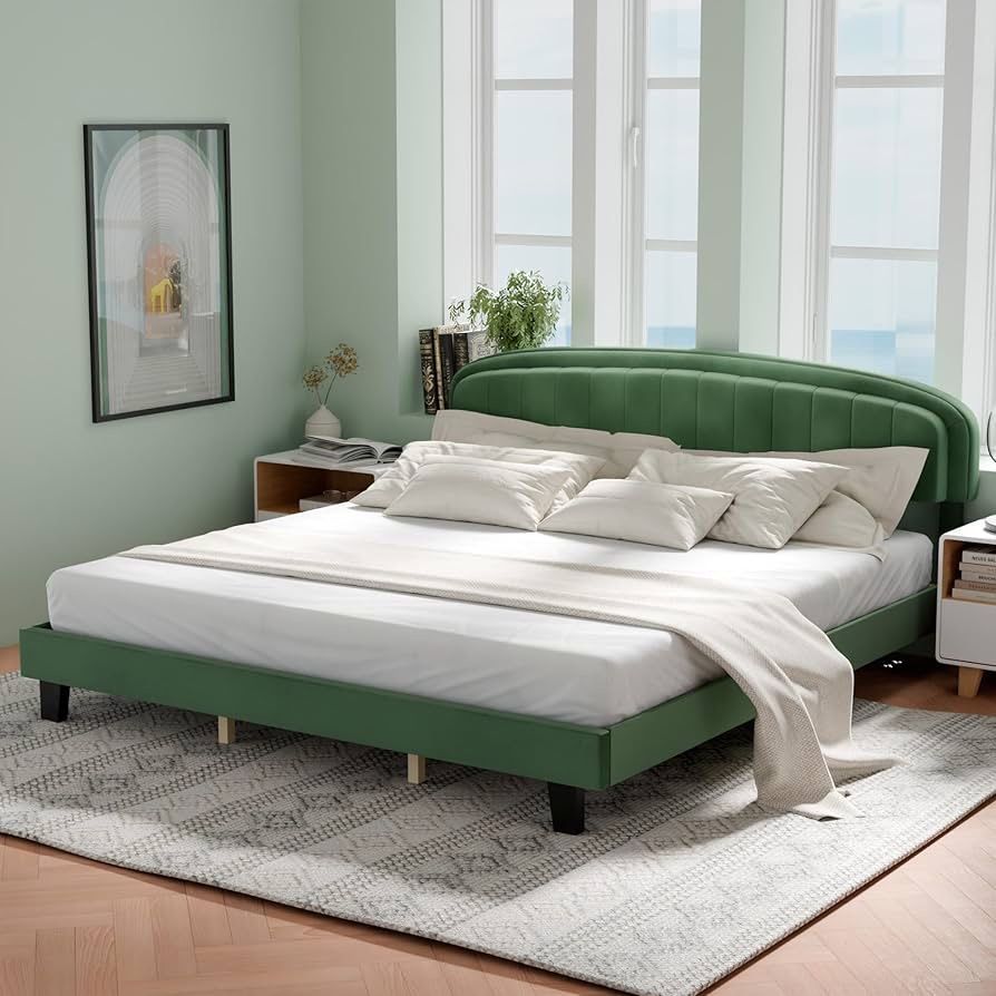 King Size Bed Frame Upholstered Velvet Platform Bed with Adjustable