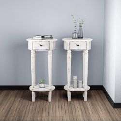 Sets of 2 Tall End Table with Drawer, 2-Tier Rustic Round Side Table with 4 Wood Leg, Off-White Nightstand Sets with Hand-Painted Finish, Small Accent