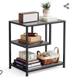 1220: New BLACK End Table, Side Table with 3-Tier Open Storage Shelves, Industrial Beside Table, Nightstand for Living Room, Bedroom, Balcony, and Off