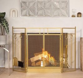 48" Fireplace Screen 3-Panel Folding Magnetic Doors with 4-Pieces Fire Place Tools Set Steel Fire Spark Guard, Gold