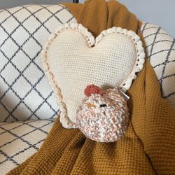 Handmade Crochet Heart Pillow – Cream & Pink Ruffle