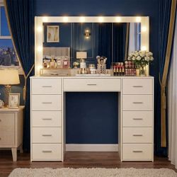 New 44” Vanity Desk with Mirror, LED Lights and Power Outlet Makeup Vanity Table with 11 Drawers Dressing Table for Bedroom Dressing Room (White)  New