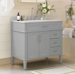 37” Gray Bathroom Vanity with Marble Top and Sink