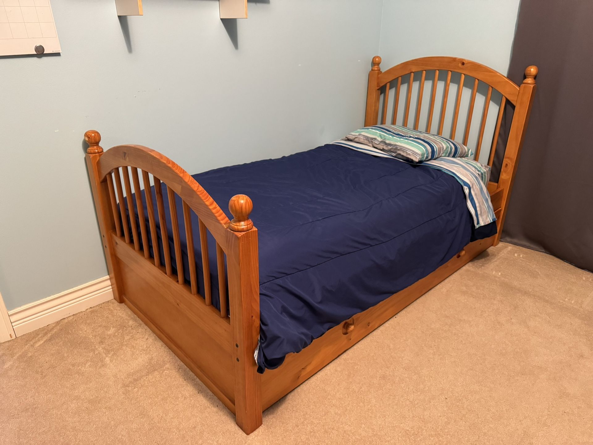 Hardwood Twin Bed, Trundle, and Two Mattresses