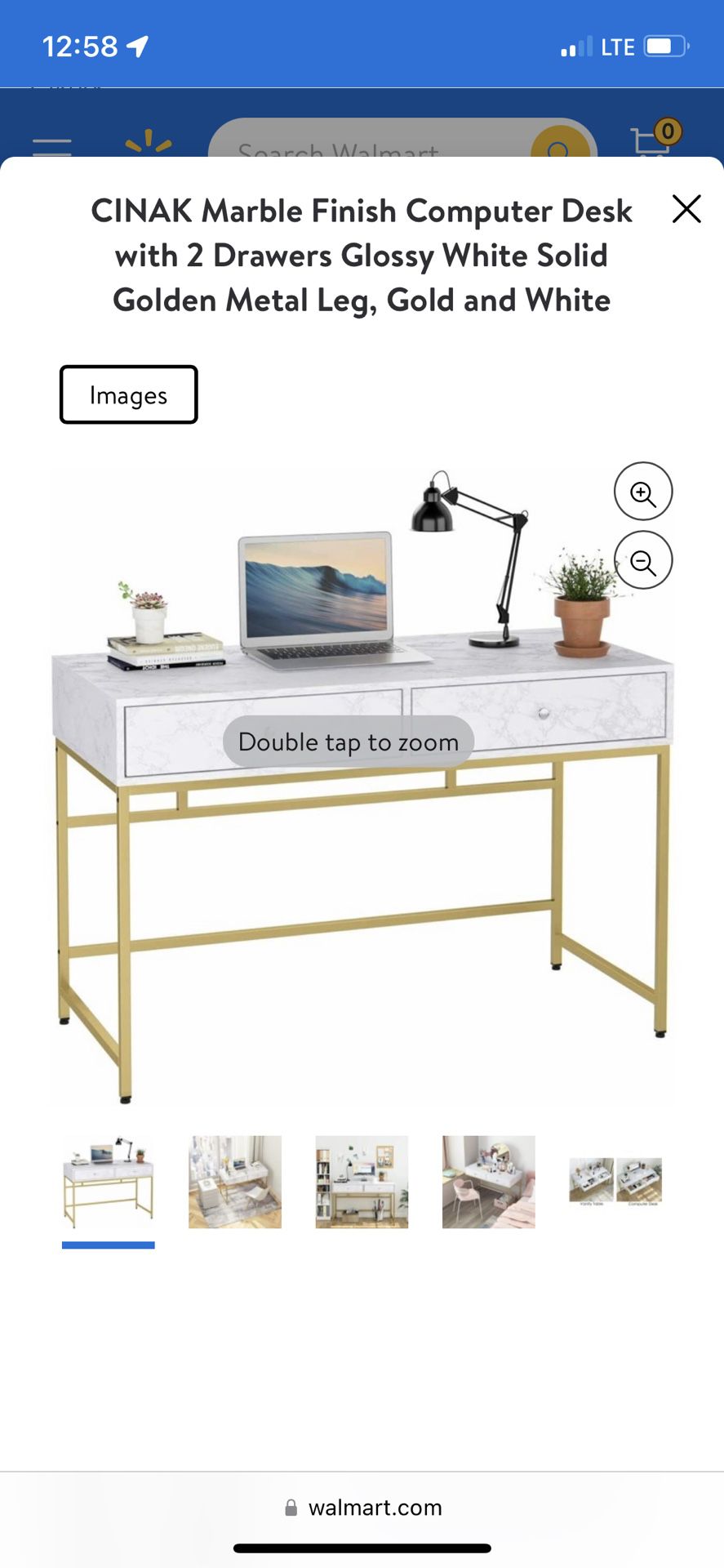 CINAK Marble Finish Computer Desk with 2 Drawers Glossy White Solid Golden Metal Leg, Gold and White