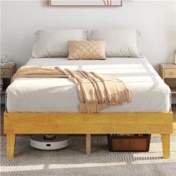 Wood Bed Frame, Wooden Platform Bed Frame w/Plywood Slats, Wood Mattress Foundation, Bed Frame with Sturdy Slat Support, Without Headboard, No Box Spr