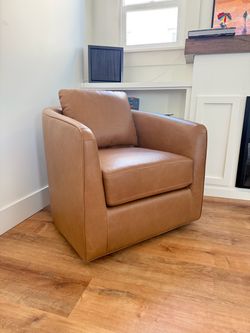 Pottery Barn Remmy Leather Petite Swivel Chair — Churchfield Camel